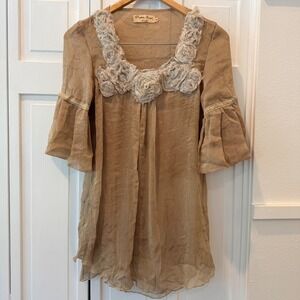 Romantic Fairy Boho Silk Tan Shimmer Rosette Tunic Top Boho Lace Bell Sleeve M
